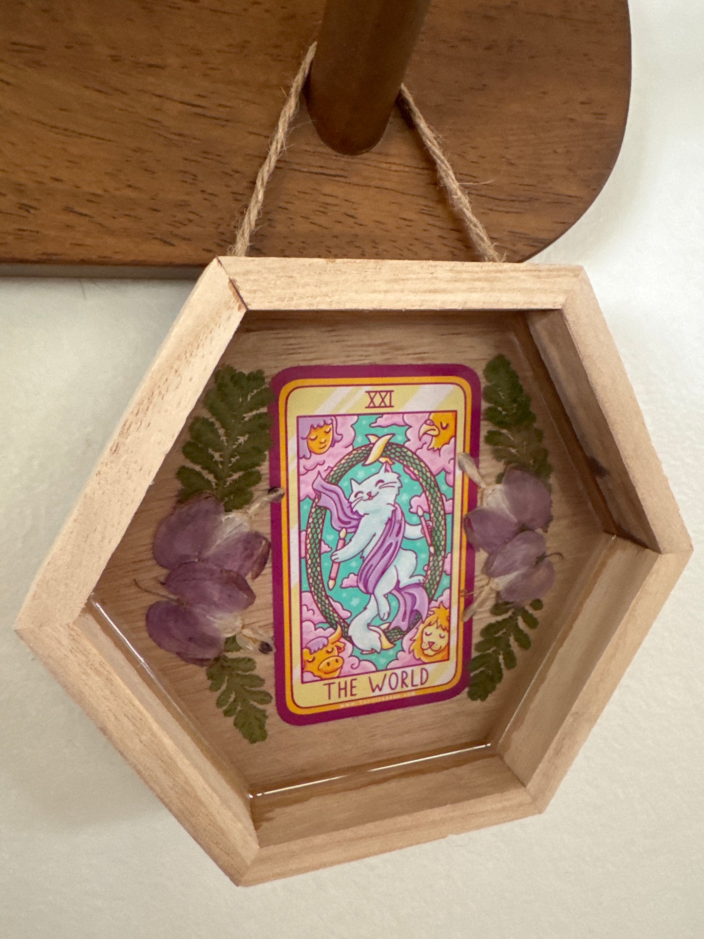 “The World” Cat Tarot Small Hexagon Wood Frame