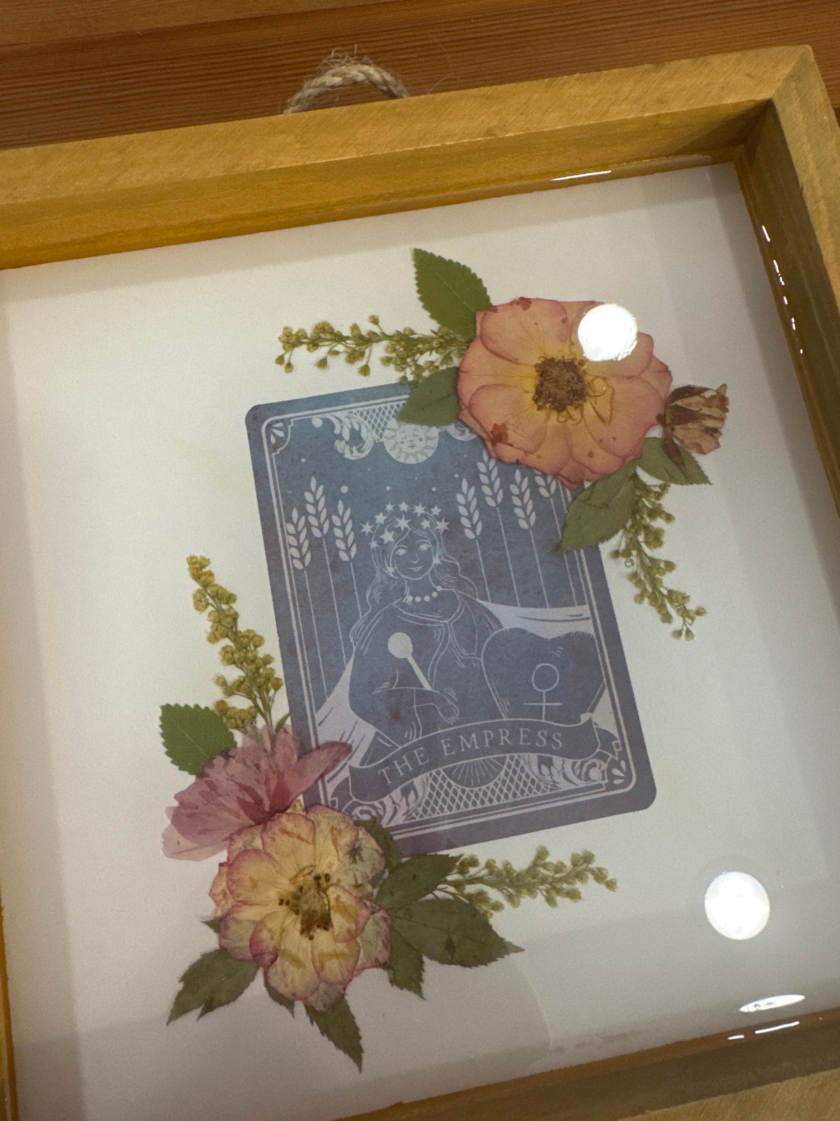 The Empress Tarot Card Wood Resin Art Piece with Pink and Green Pressed Flowers