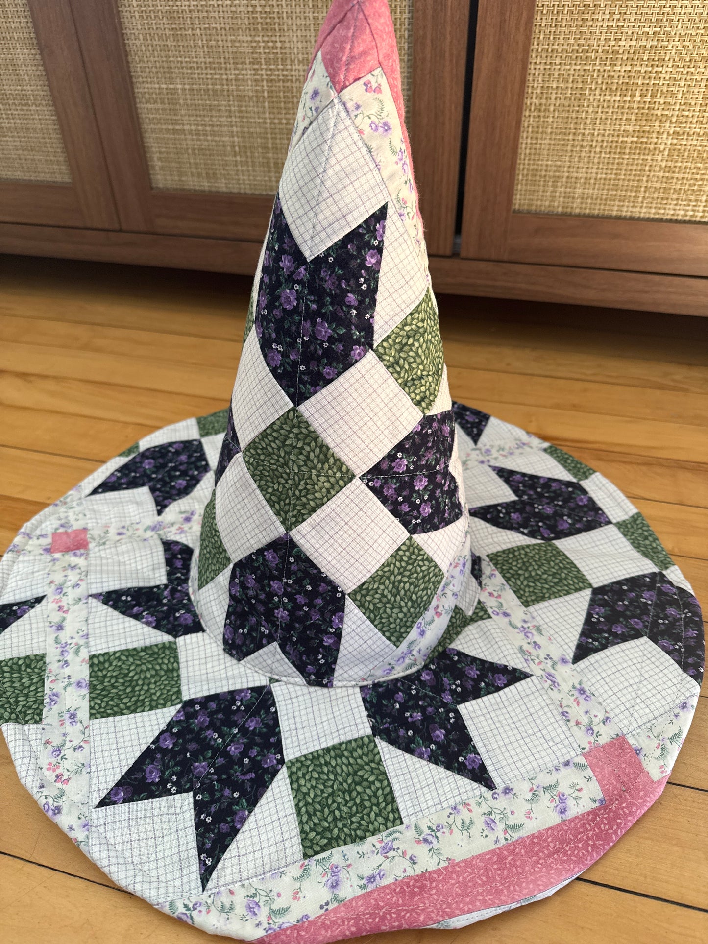 Purple, Green, and White Quilted Witch Hat 22-23”
