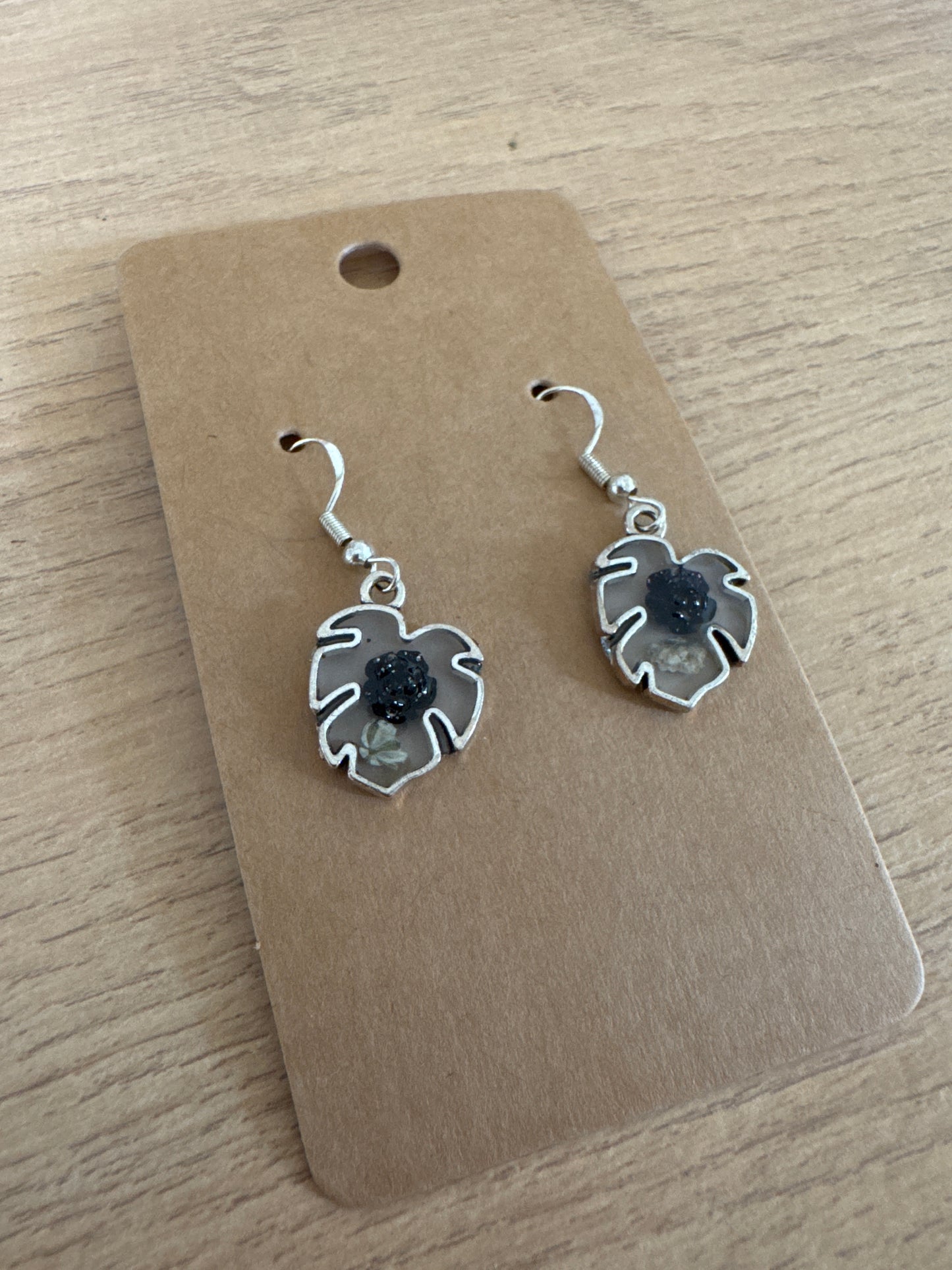 Leaf-shaped Black Rose Resin Earrings