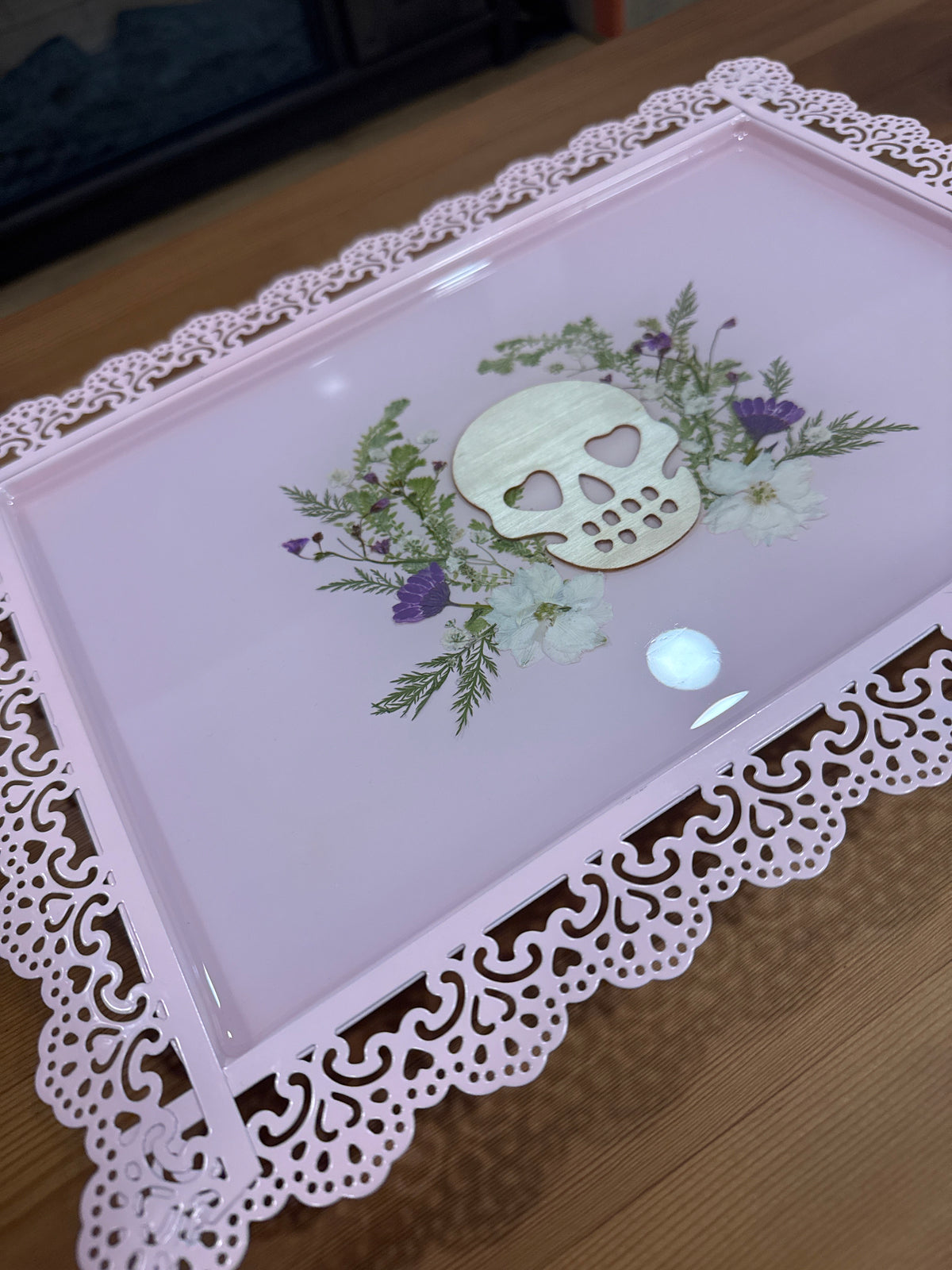 Wood Skull and Pressed Flower Pink Metal Resin Tray