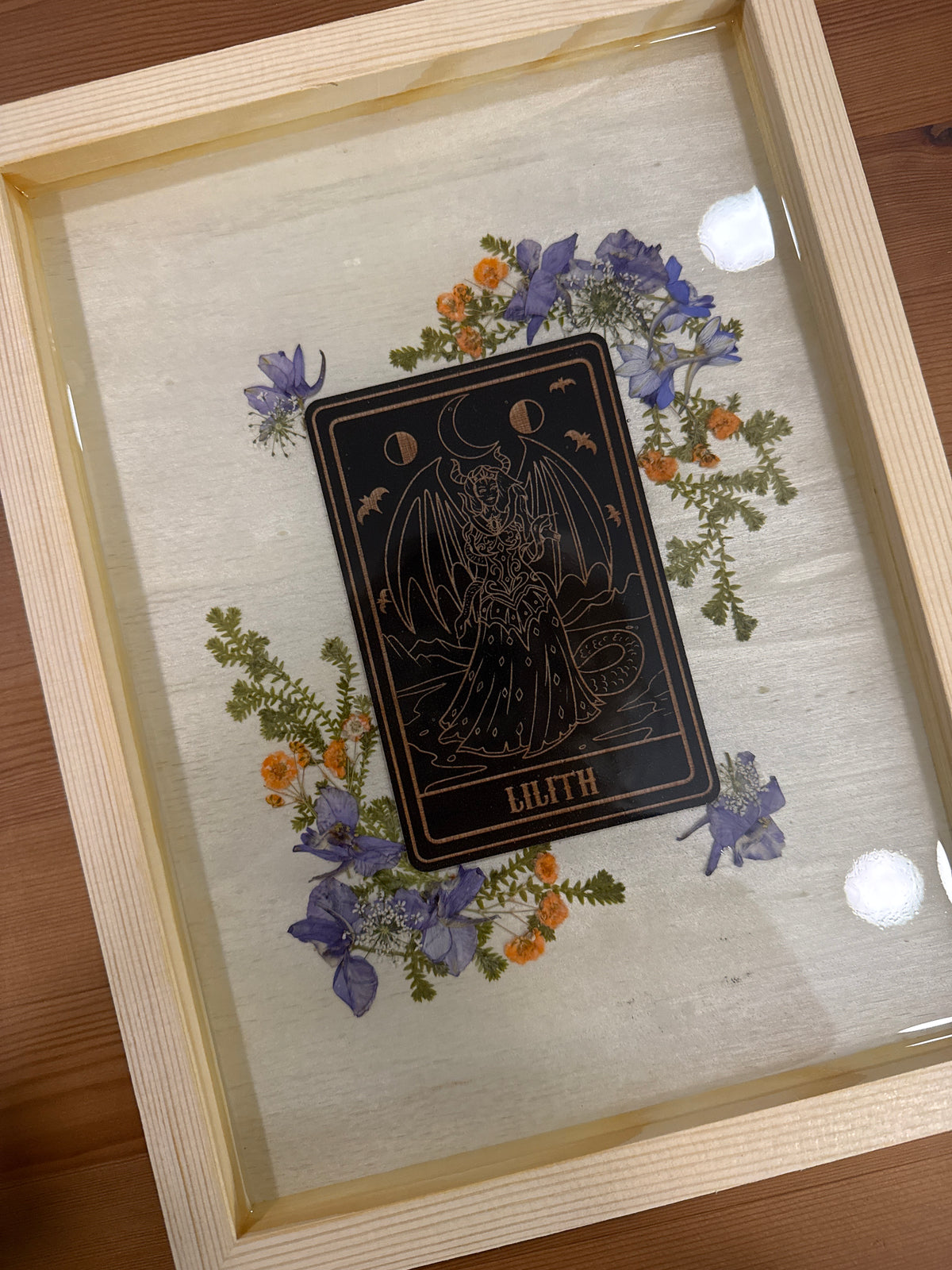 Lilith Black Card Wood Art Piece with Purple and Orange Pressed Flowers