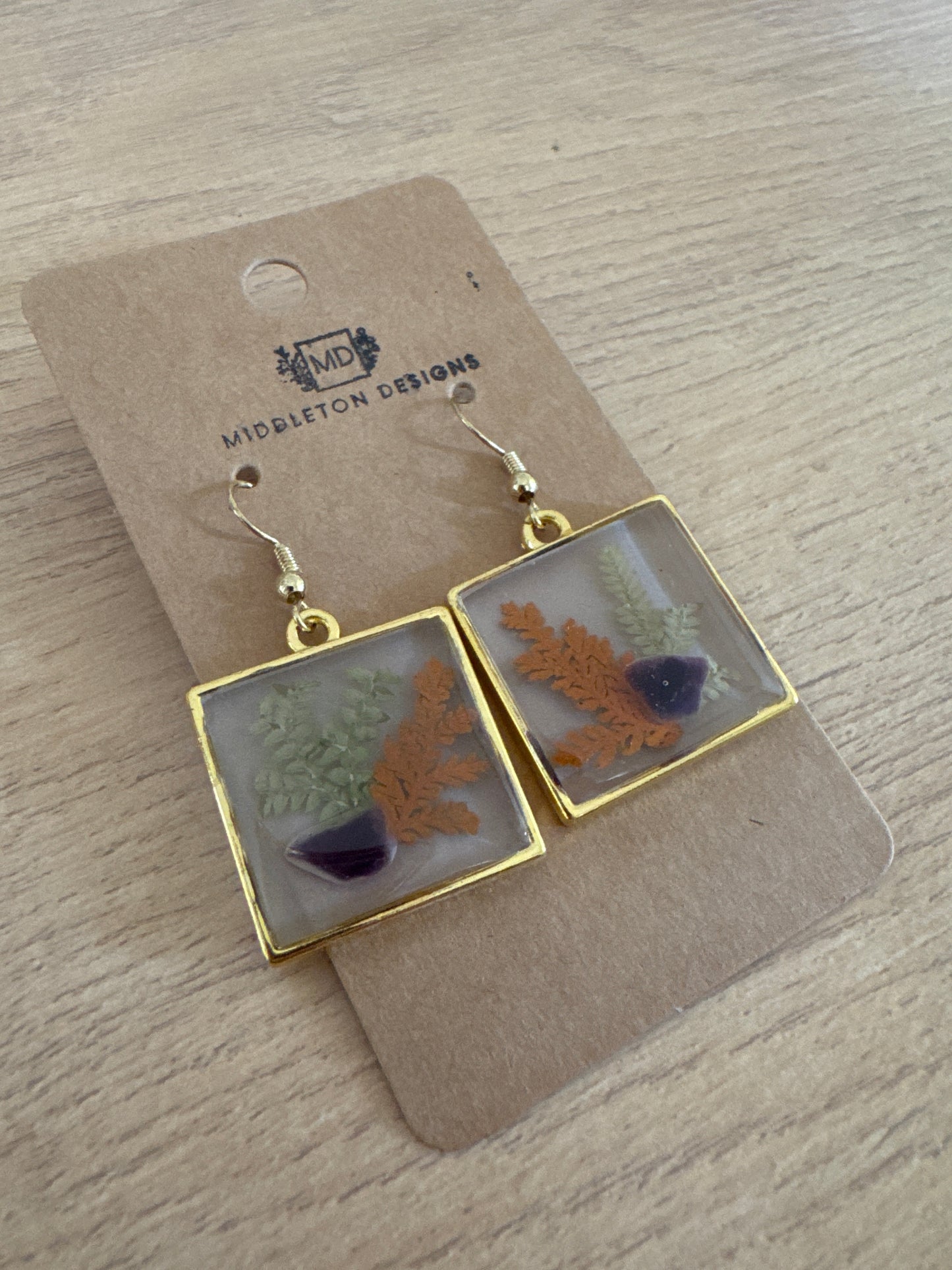 Gold Rimmed Square Natural Stone Resin Earrings