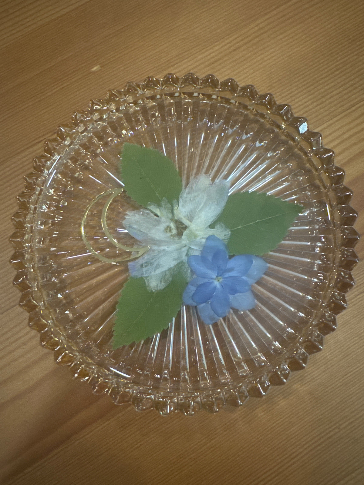 Gold Moon with White and Blue Pressed Flower Resin Glass Dish
