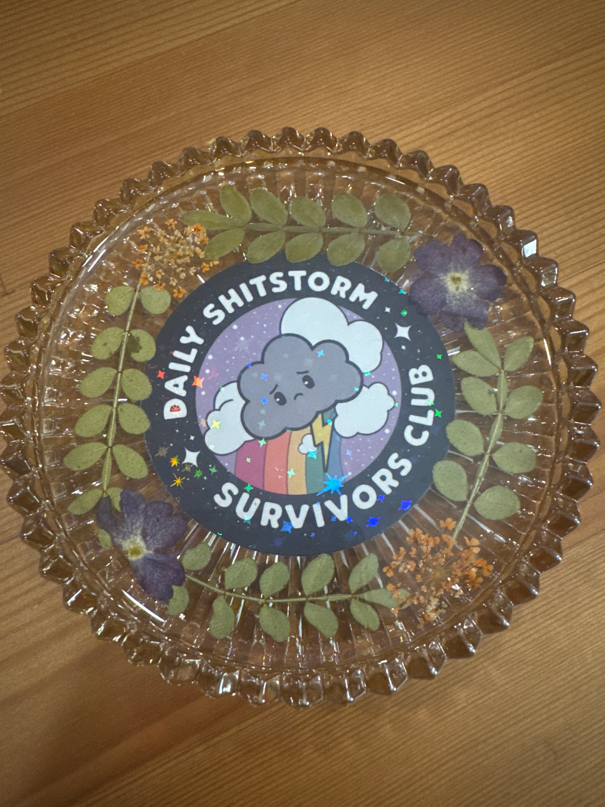 “Daily Shitstorm Survivors Club” Cloud Pressed Flower Resin Glass Dish