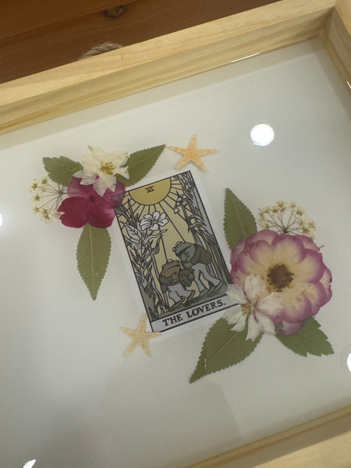 “The Lovers” Frog and Toad Tarot Card Pressed Flower Wood Frame