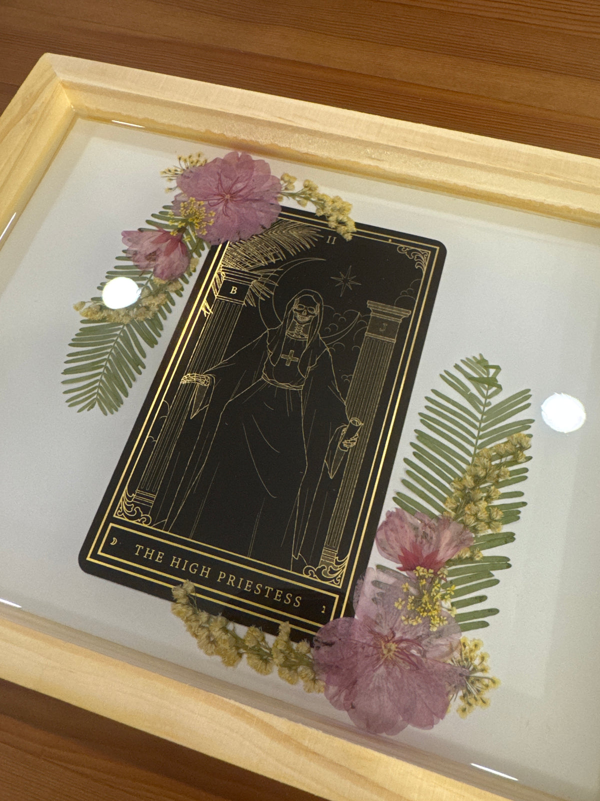 The High Priestess Tarot Card Wood Resin Art Piece with Pink and Green Pressed Flowers