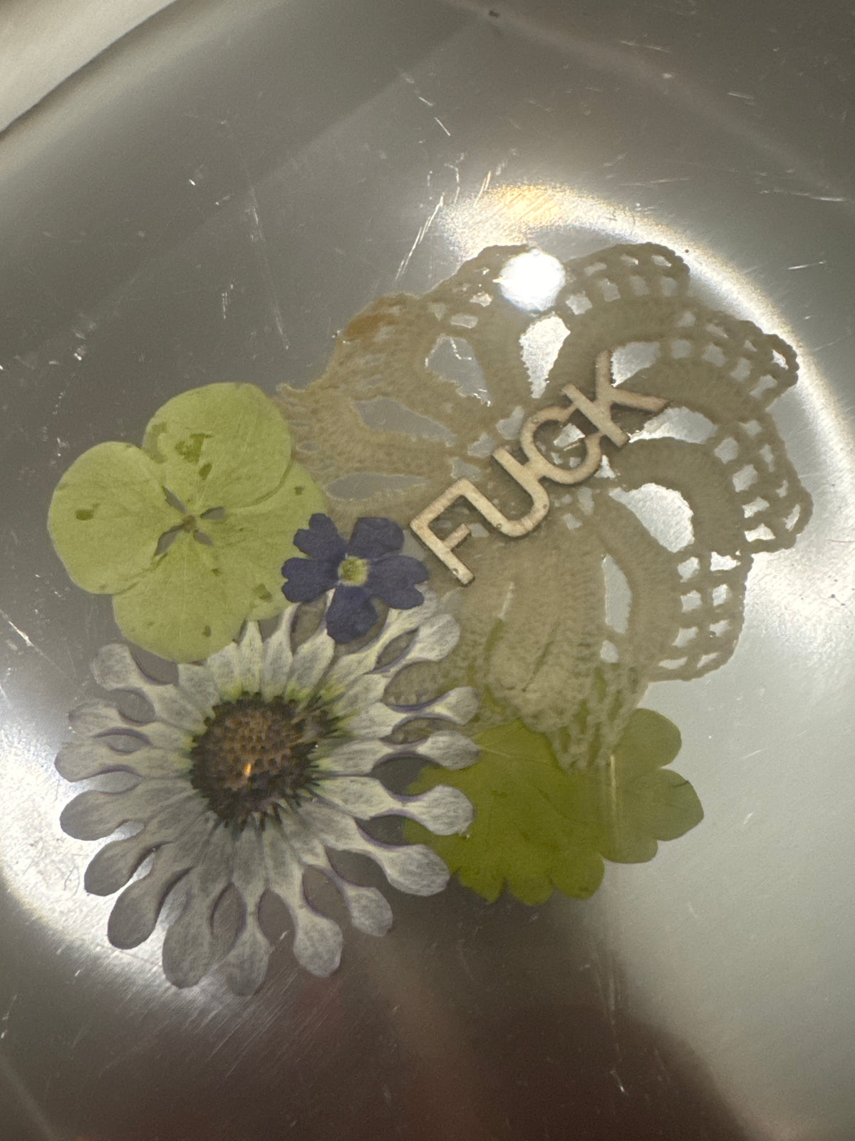 Tiny Wooden “Fuck” Silver Tray with Pressed Flowers