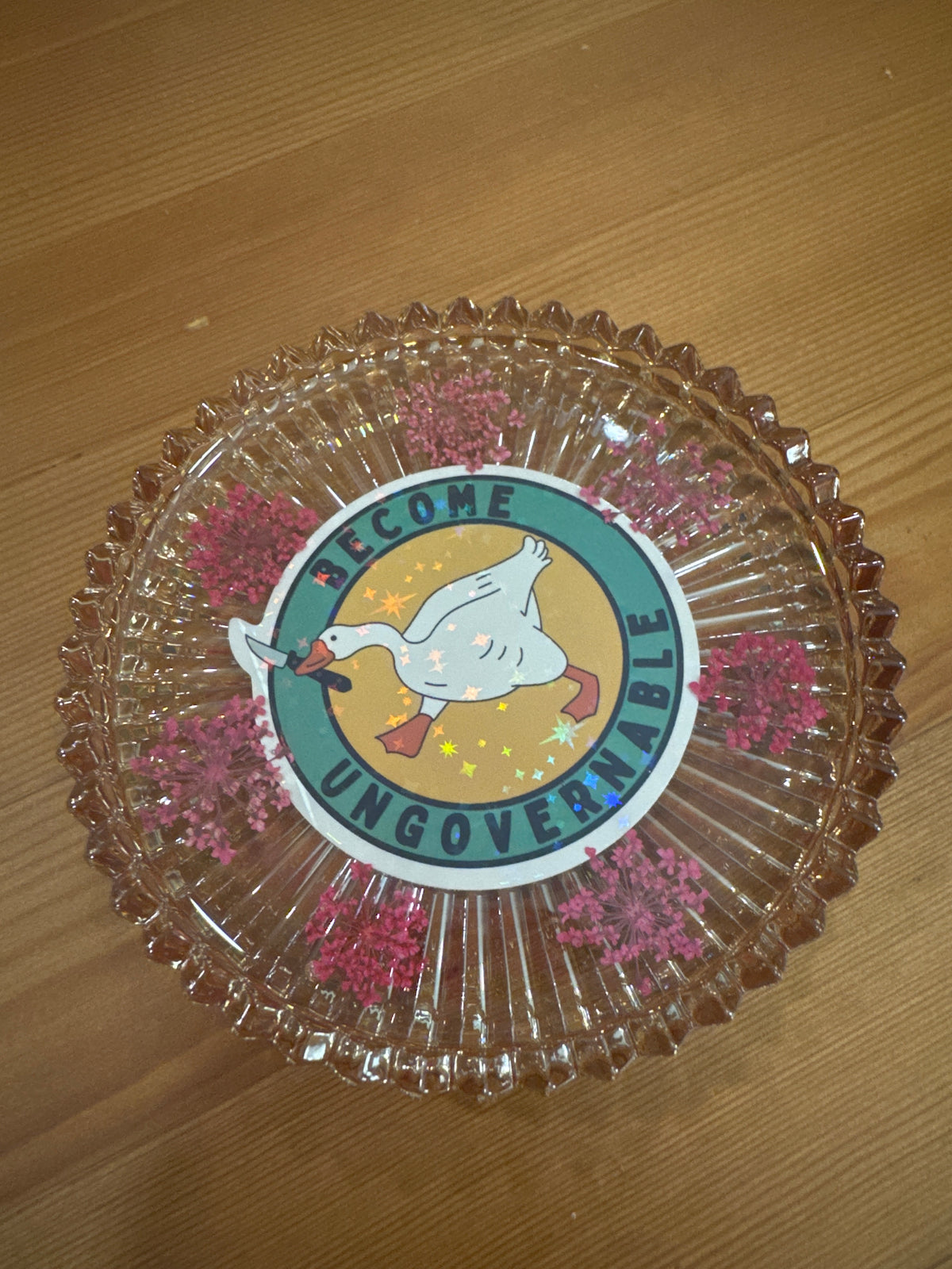 “Become Ungovernable” Goose and Pressed Flower Resin Glass Dish