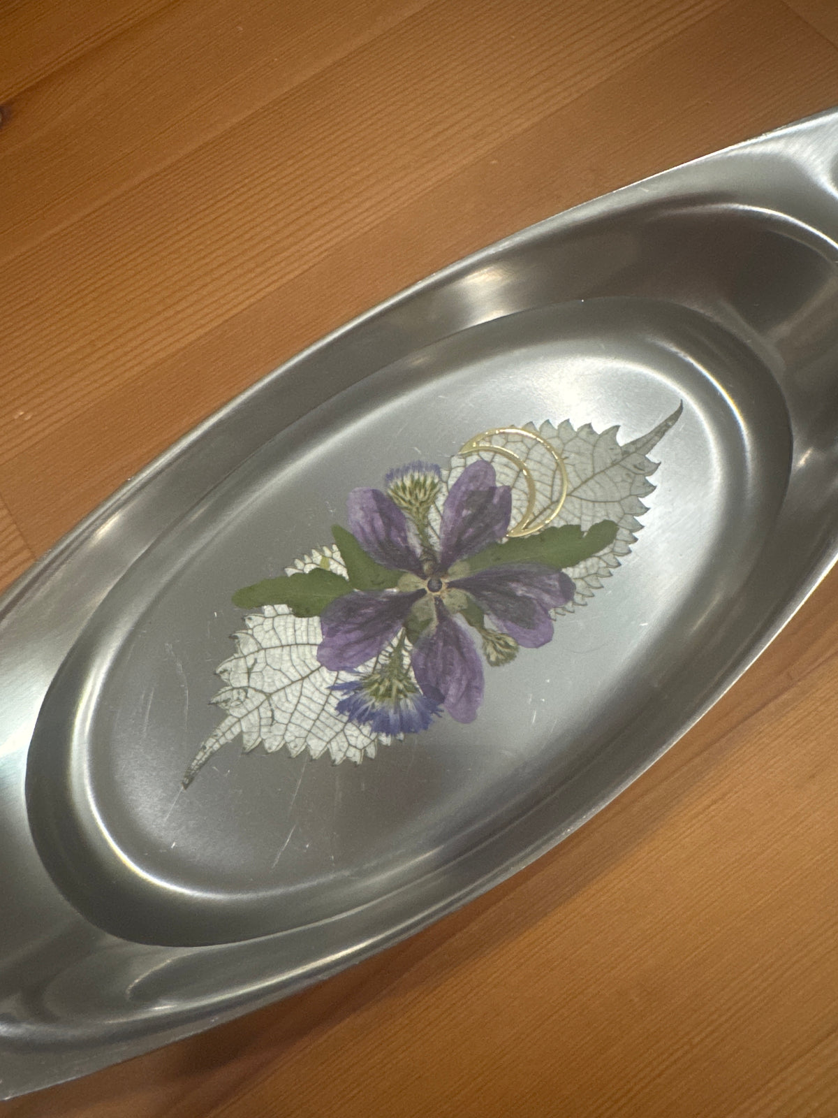 Small Silver Tray with Purple Pressed Flowers and Gold Moon