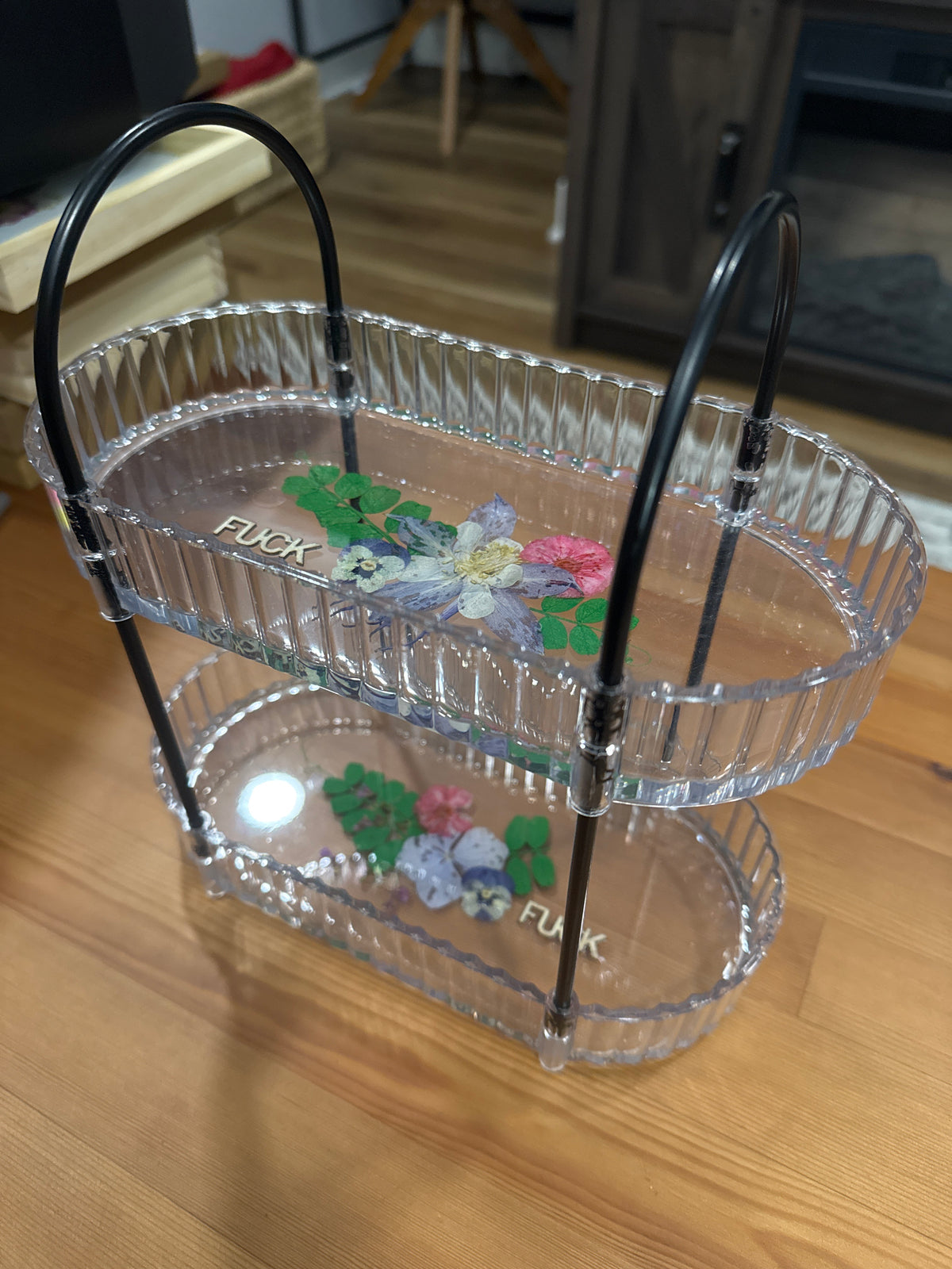2 Tier Clear Resin Tray with Tiny Wood “Fuck”s and Bright Pressed Flowers