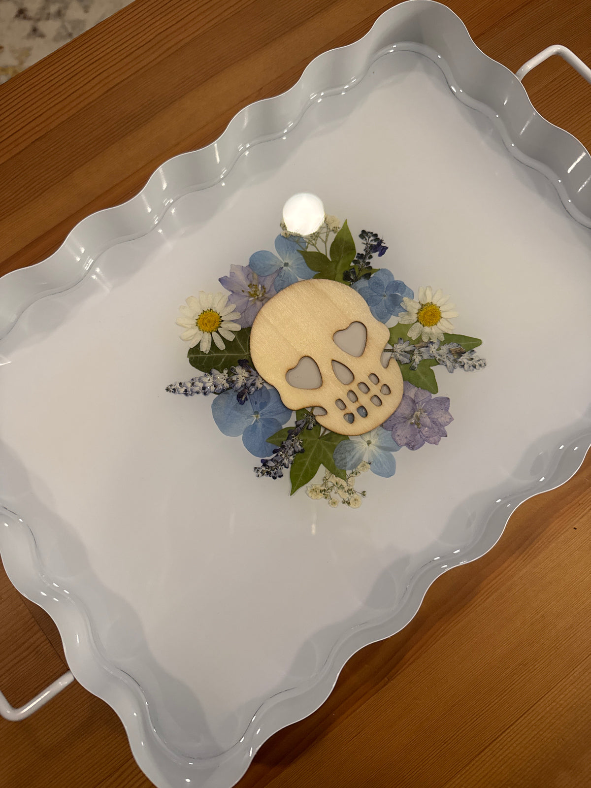 White Metal Tray Wood Skull with Blue and White Pressed Flowers