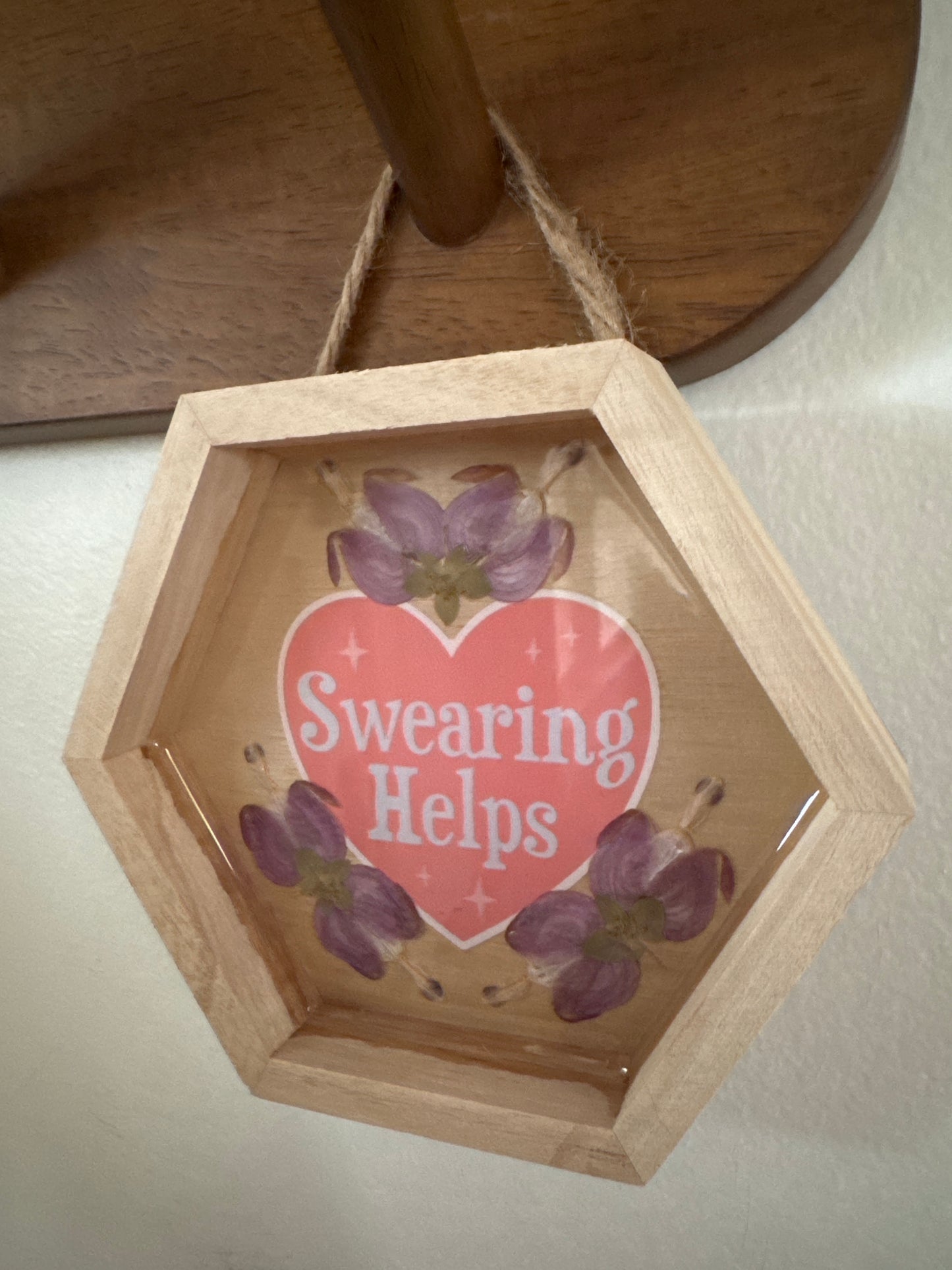 “Swearing Helps” Heart Pressed Flower Small Hexagon Wood Frame