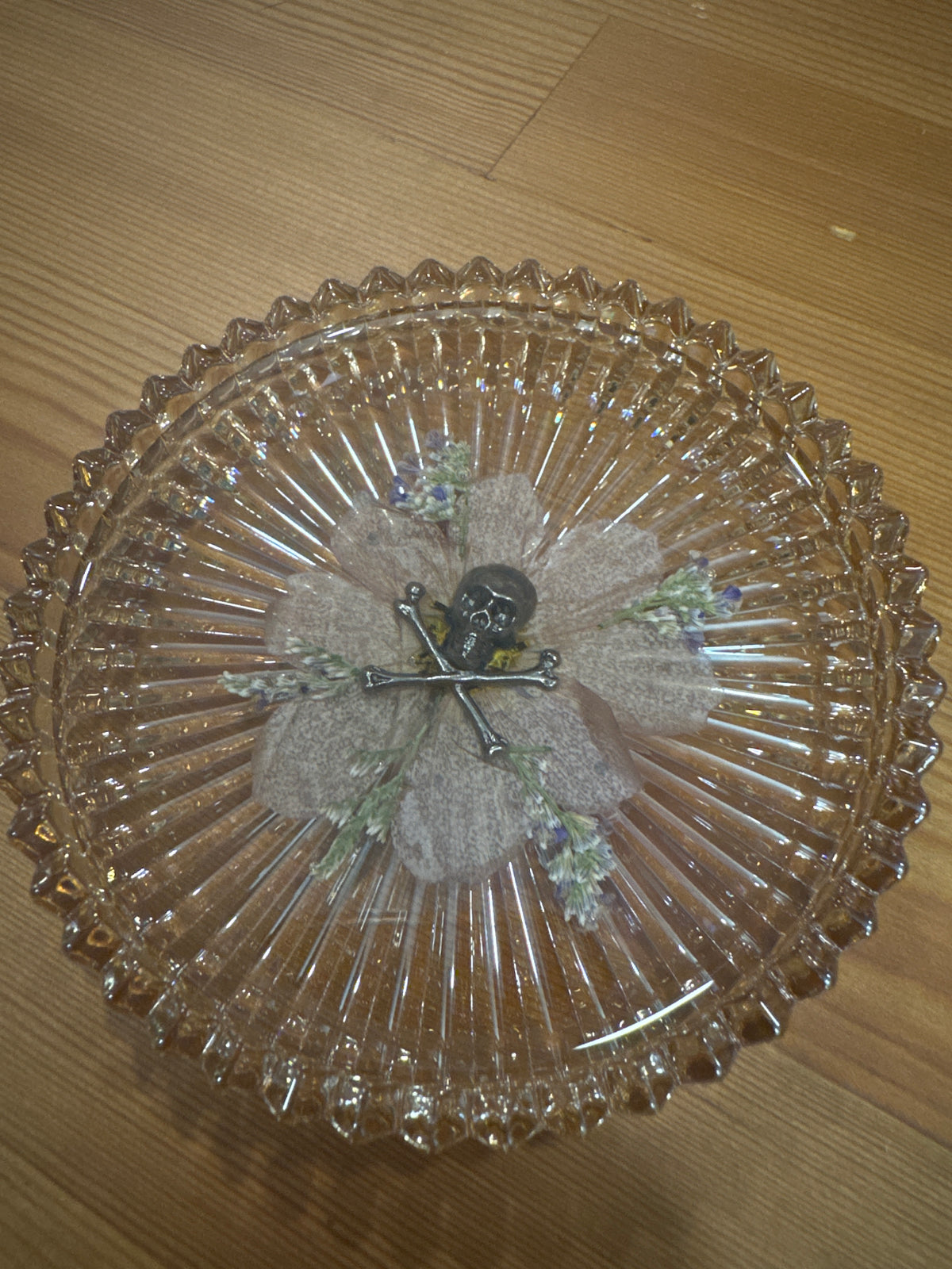 Skull and Crossbones Purple Pressed Flower Resin Glass Dish