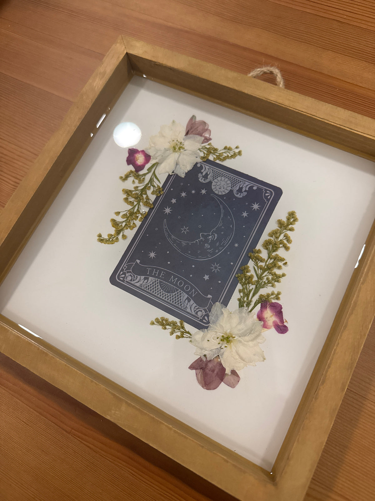 The Moon Tarot Card Resin Art Piece with Pink and White Pressed Flowers
