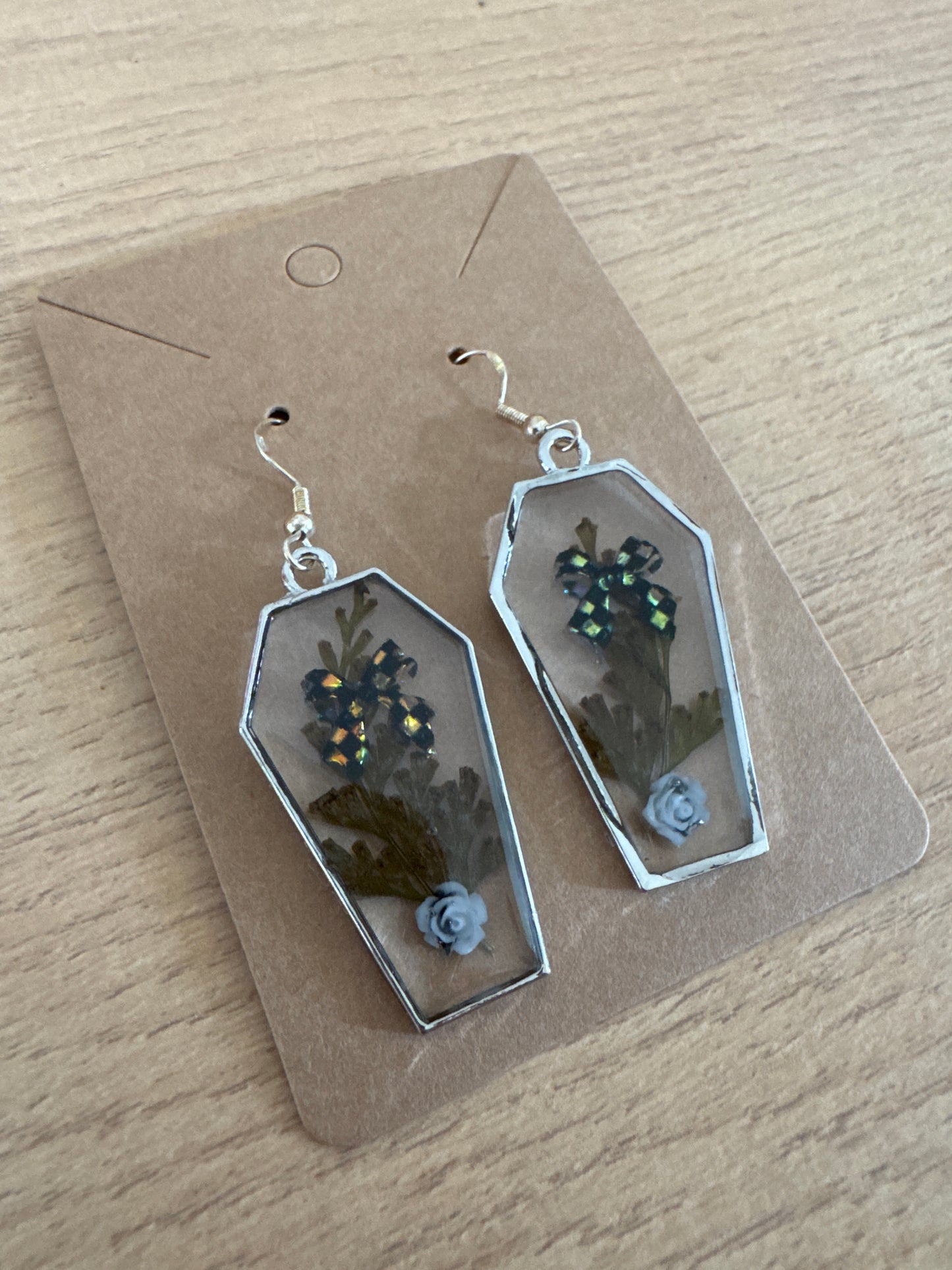 Silver Coffin-shaped Bow and Rose Resin Earrings
