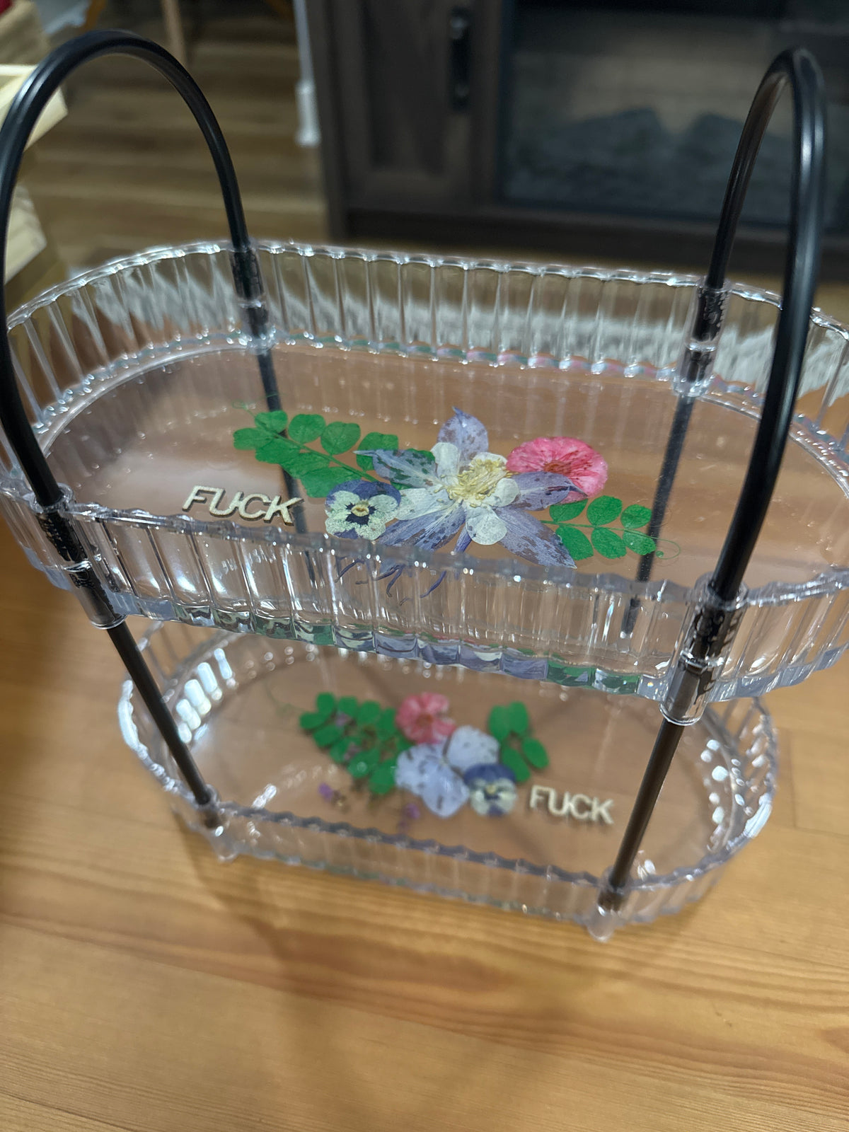 2 Tier Clear Resin Tray with Tiny Wood “Fuck”s and Bright Pressed Flowers
