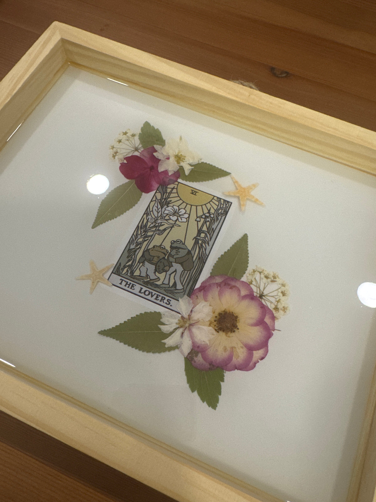 “The Lovers” Frog and Toad Tarot Card Pressed Flower Wood Frame