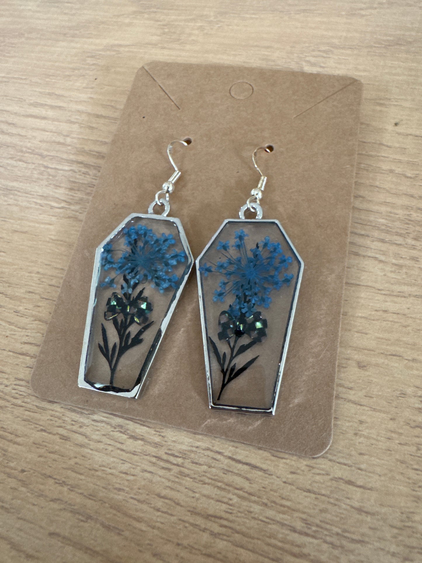 Silver Coffin-shaped Blue and Bow Resin Earrings