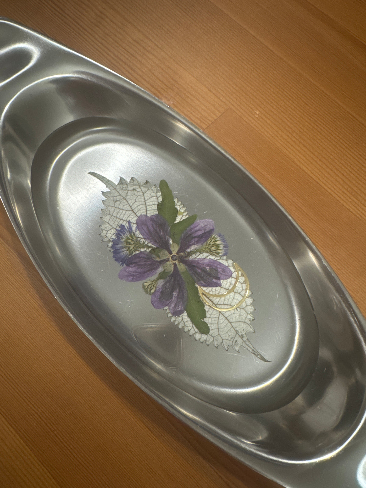 Small Silver Tray with Purple Pressed Flowers and Gold Moon
