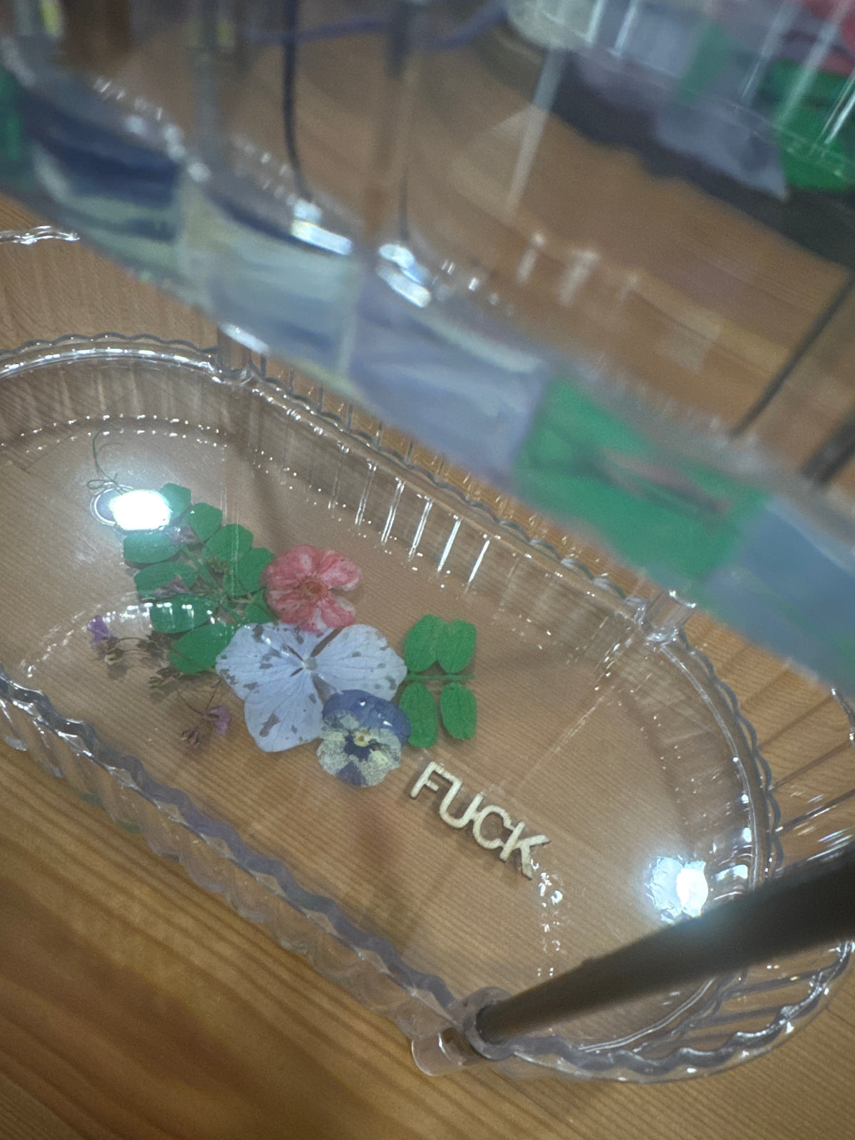 2 Tier Clear Resin Tray with Tiny Wood “Fuck”s and Bright Pressed Flowers