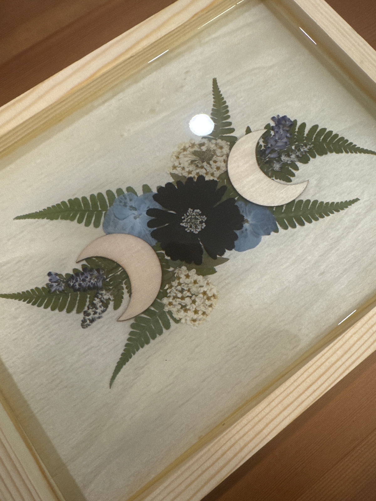 Triple Moon Symbol Wood Resin Art Piece with Pressed Flowers
