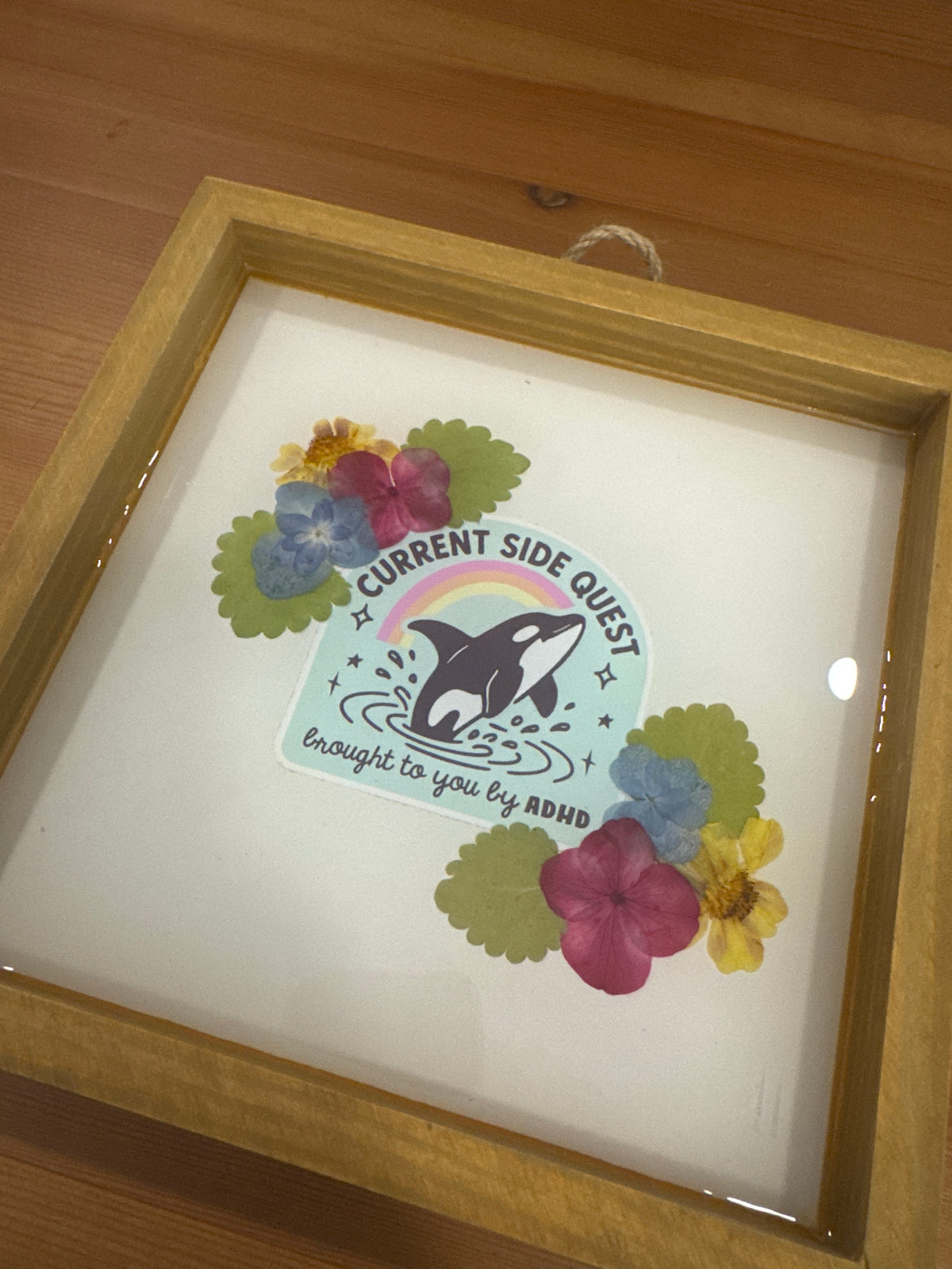 “Current Side Quest Brought to You by ADHD” Whale Pressed Flower Wood Frame