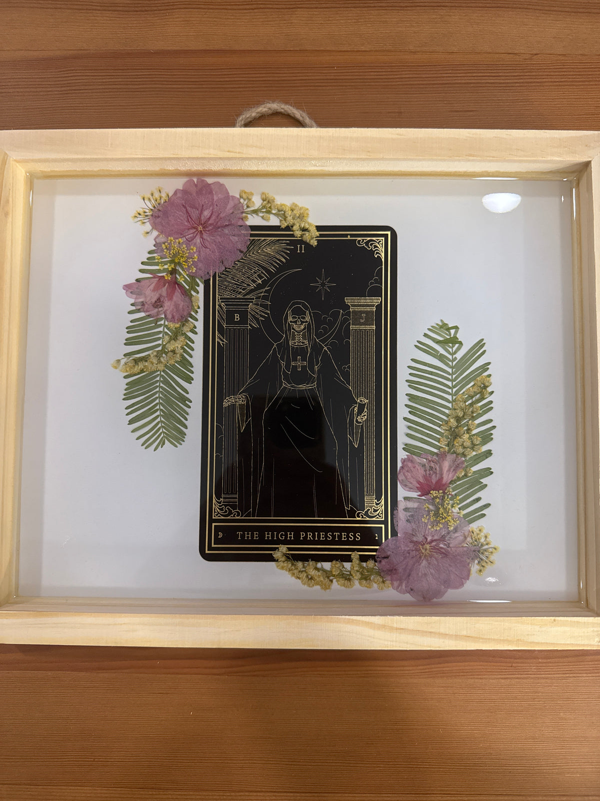 The High Priestess Tarot Card Wood Resin Art Piece with Pink and Green Pressed Flowers