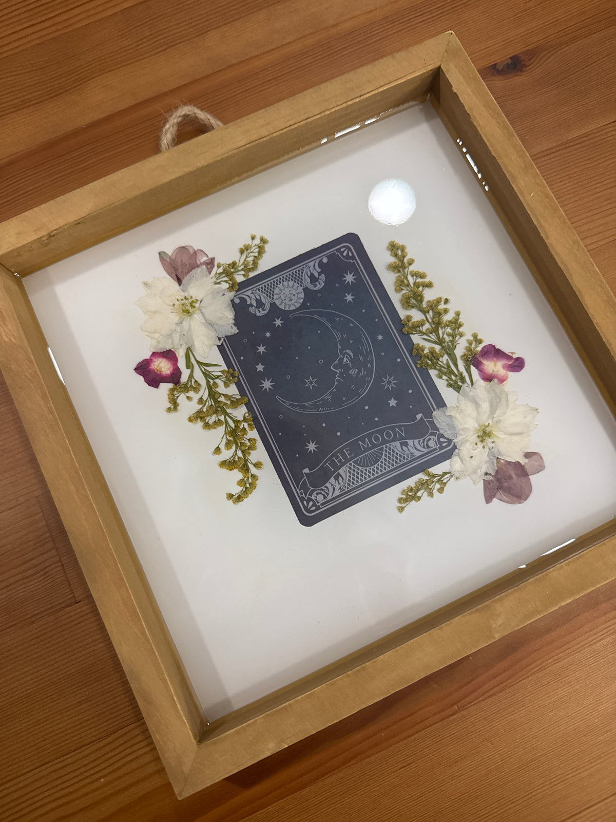 The Moon Tarot Card Resin Art Piece with Pink and White Pressed Flowers
