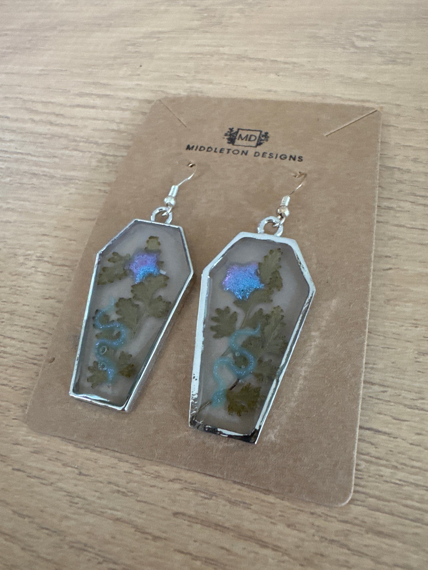 Silver Coffin-shaped Star and Snake Resin Earrings