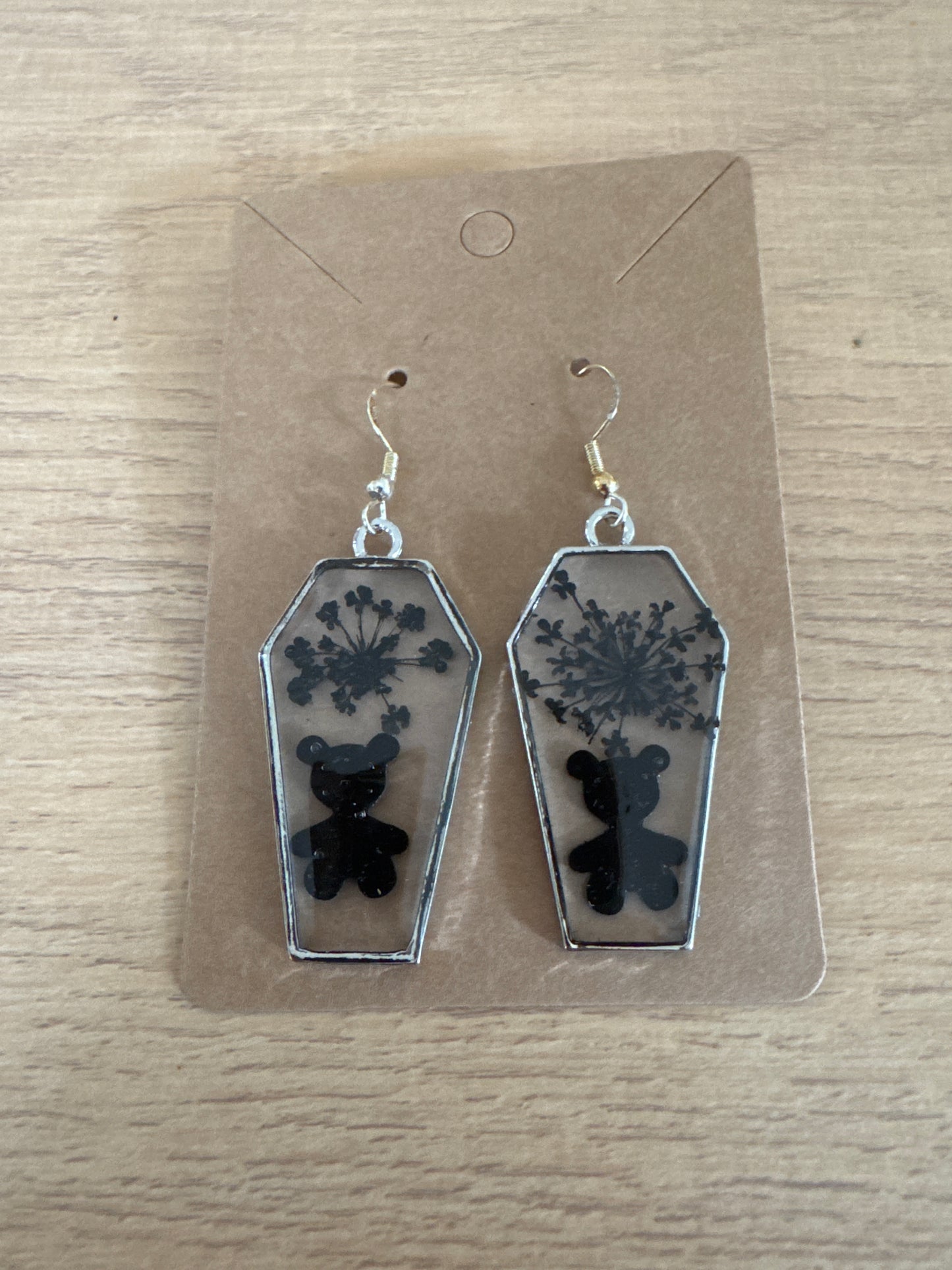 Silver Coffin-shaped Black Teddy Bear Resin Earrings