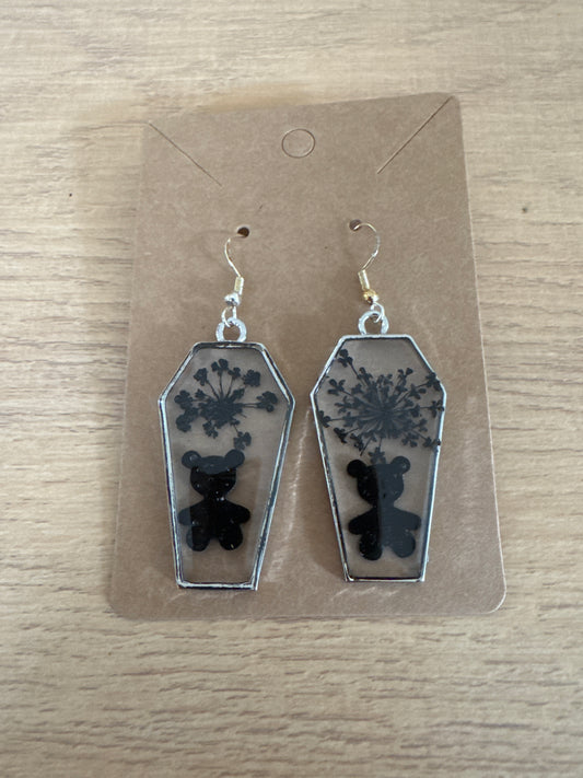 Silver Coffin-shaped Black Teddy Bear Resin Earrings