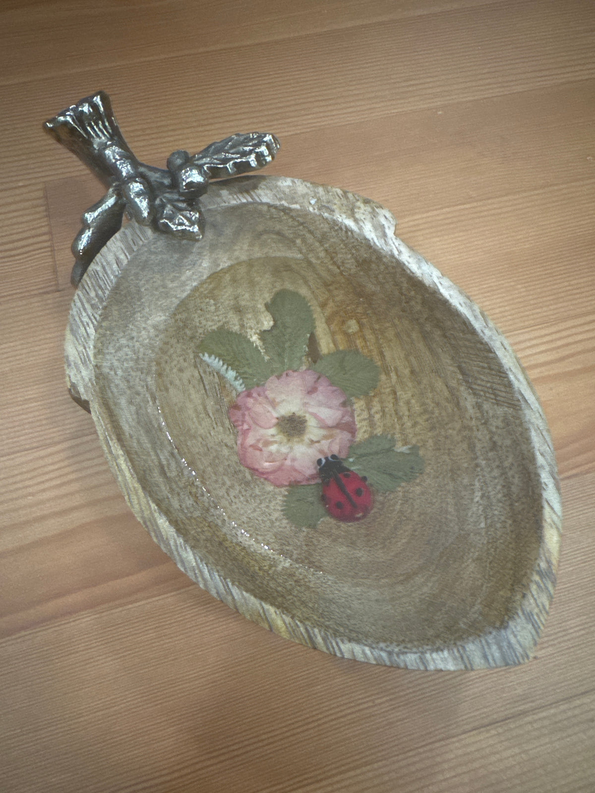 Wood Acorn Shaped Small Dish with Pressed Flowers and Ladybug