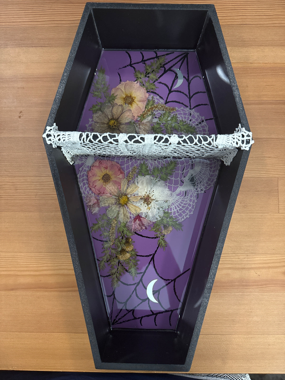 Coffin Shaped Black Shelf with Pressed Flowers, Lace and Mirror Moons