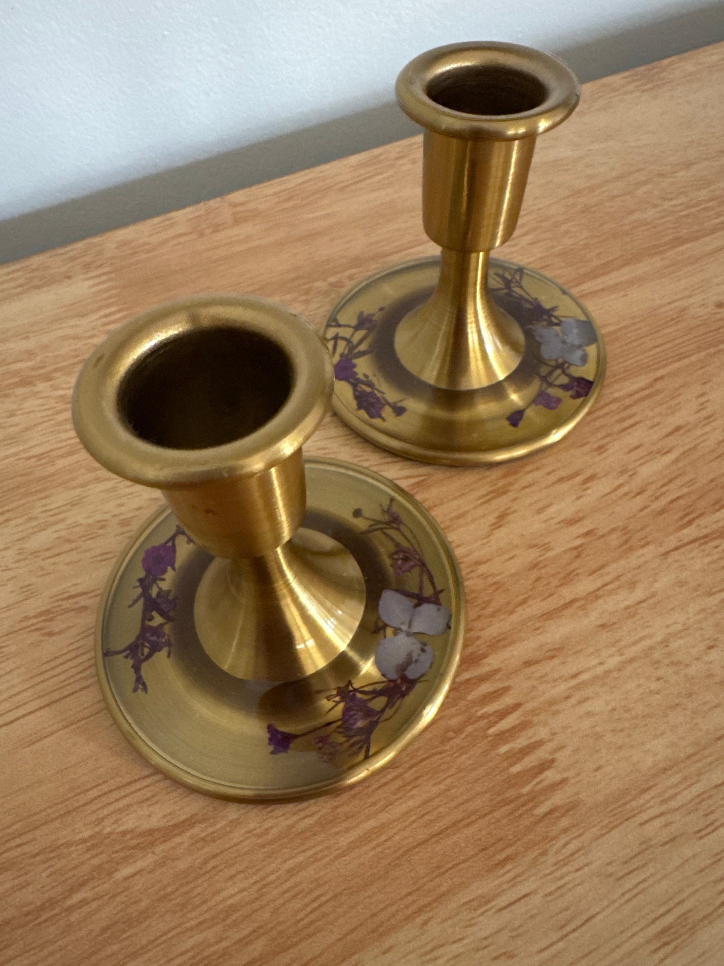 Pair of Pressed Flower Resin Candle Stick Holders