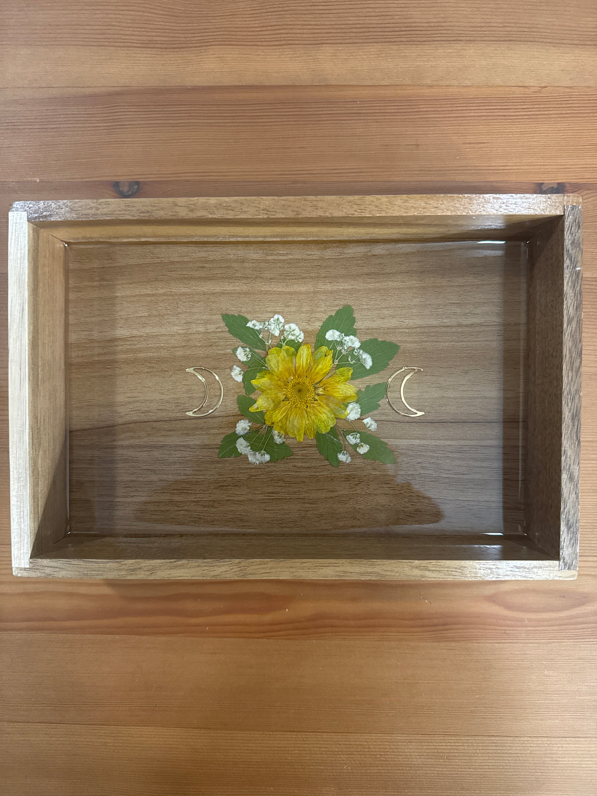 Triple Moon Wood Resin Art Piece with Yellow and Green Pressed Flowers