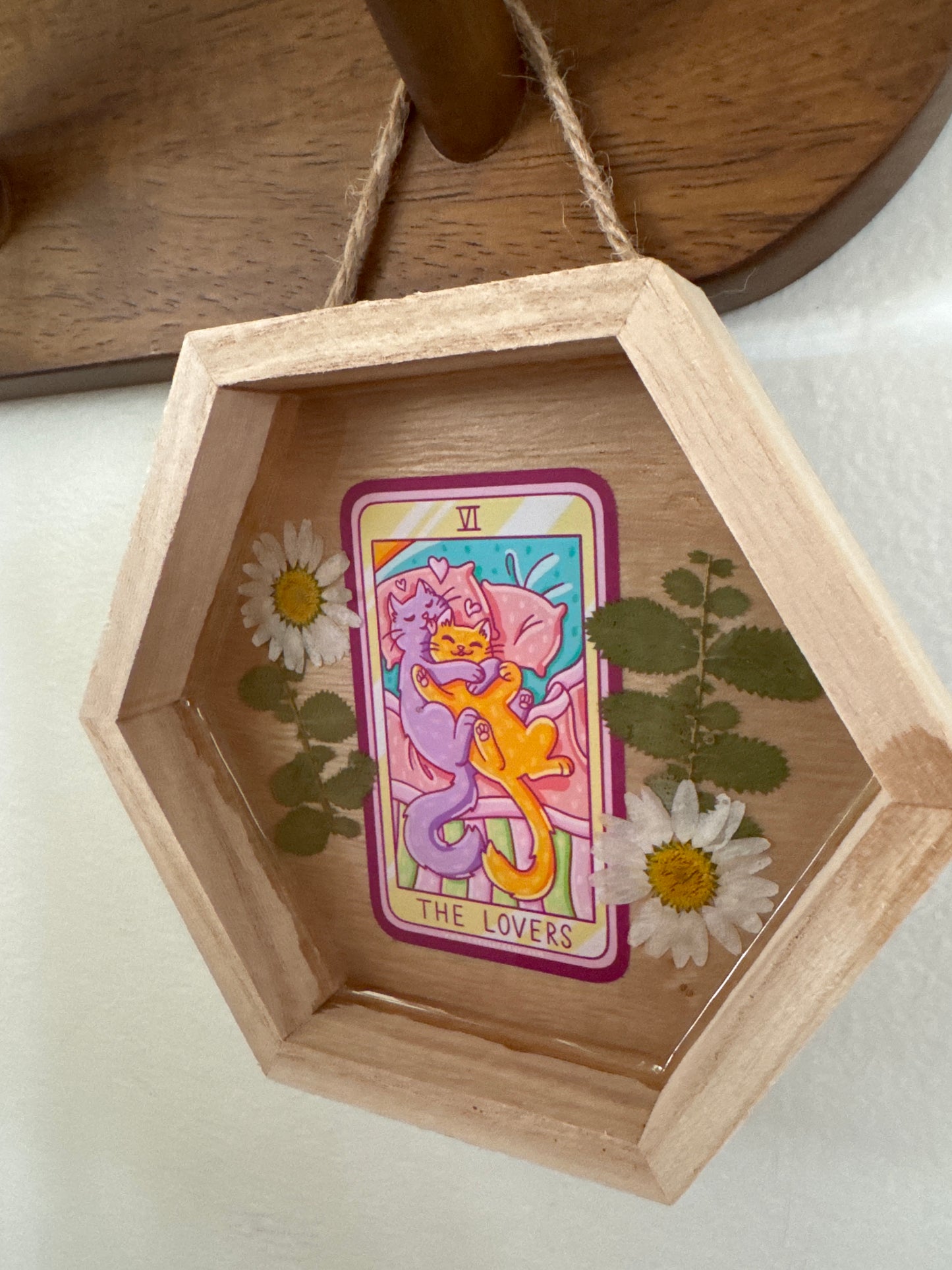 “The Lovers” Cat Tarot Small Hexagon Wood Frame