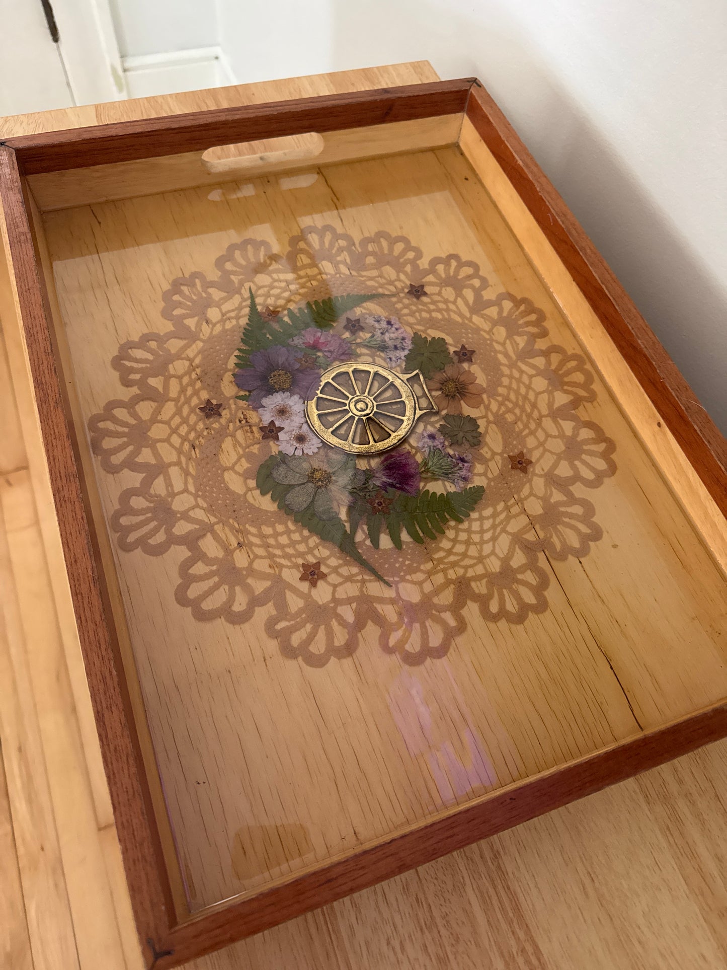 Large Tray with Pressed Flowers and Lace