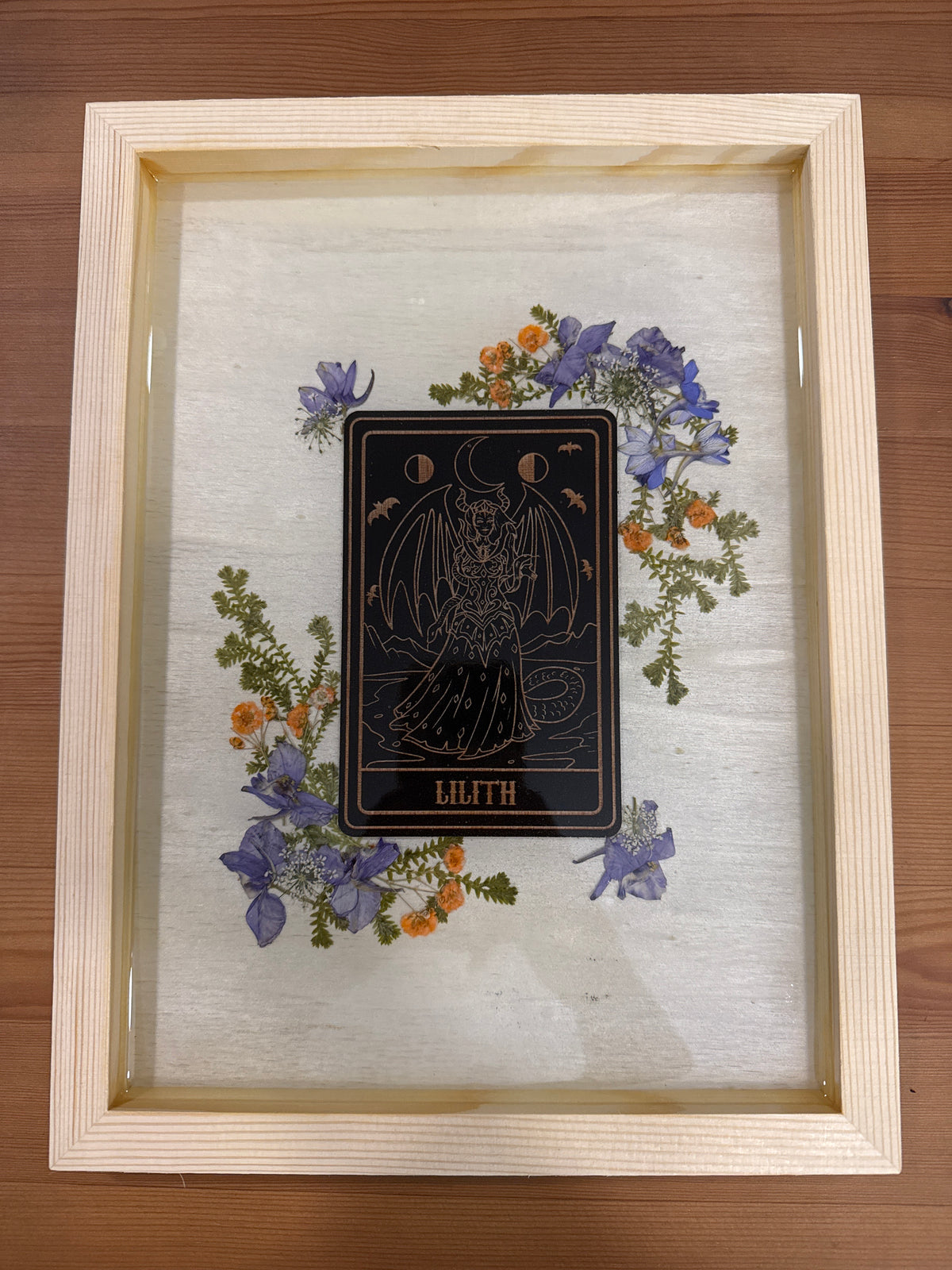 Lilith Black Card Wood Art Piece with Purple and Orange Pressed Flowers