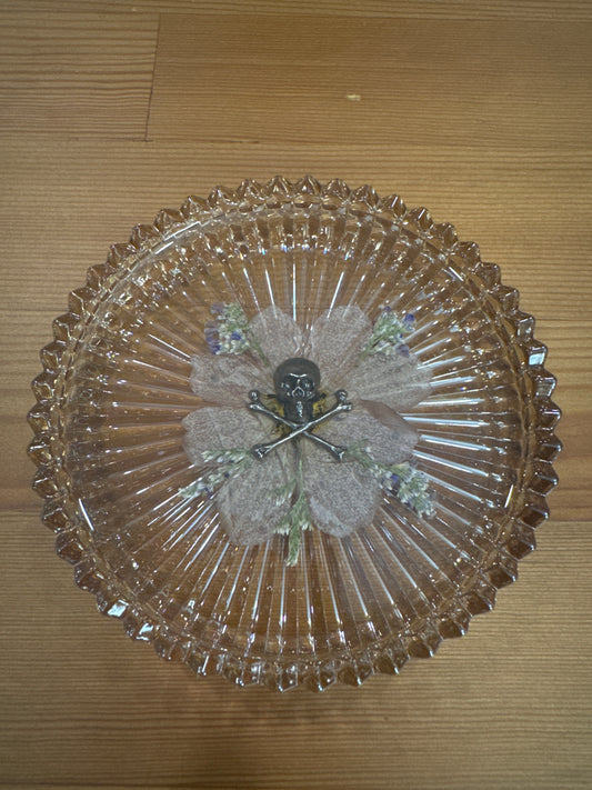 Skull and Crossbones Purple Pressed Flower Resin Glass Dish
