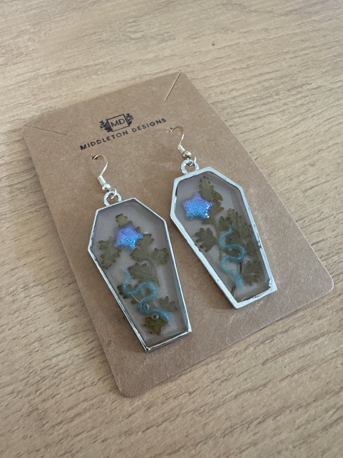 Silver Coffin-shaped Star and Snake Resin Earrings