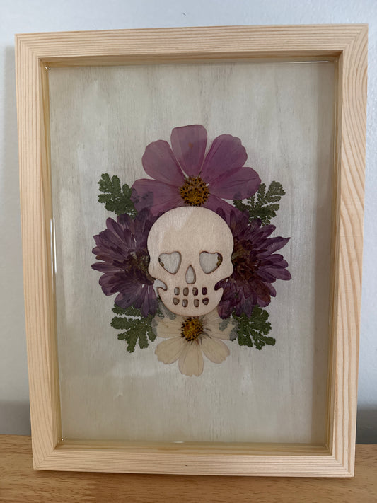 Wood Skull and Pressed Flower Resin Art Piece Wall Hanging