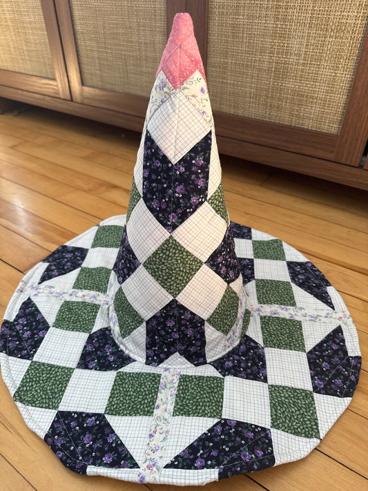 Purple, Green, and White Quilted Witch Hat 22-23”