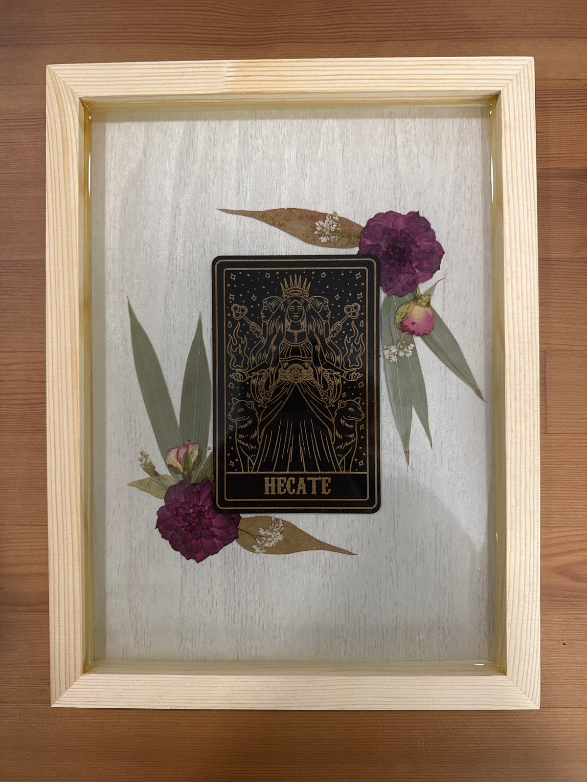 Hecate Black Wood Card Resin and Pressed Flower Art Piece