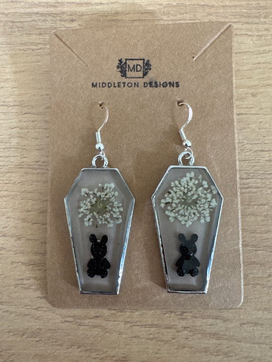 Silver Coffin-shaped Bunny Resin Earrings