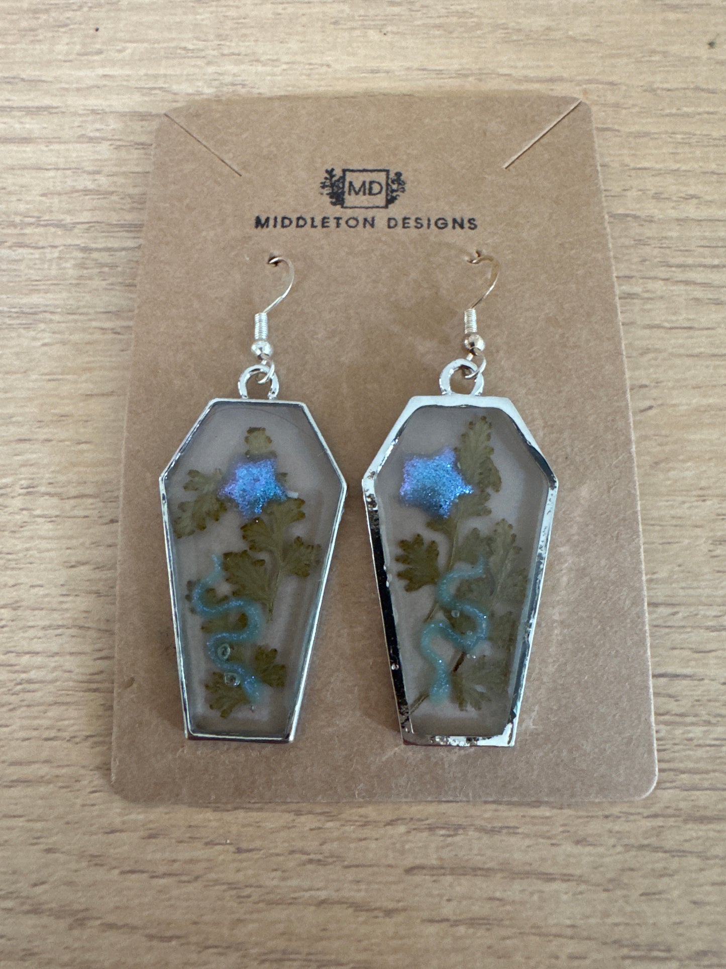 Silver Coffin-shaped Star and Snake Resin Earrings