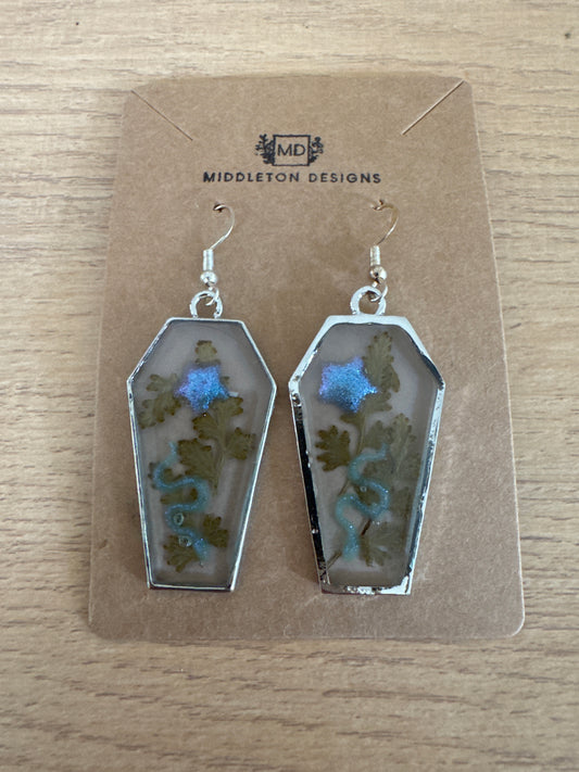 Silver Coffin-shaped Star and Snake Resin Earrings