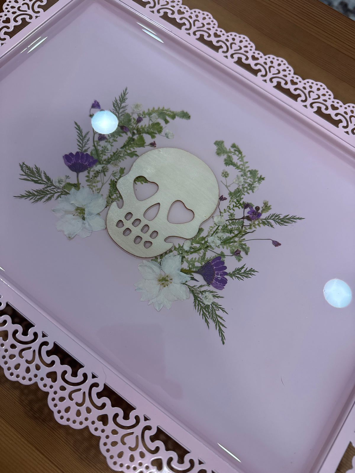 Wood Skull and Pressed Flower Pink Metal Resin Tray