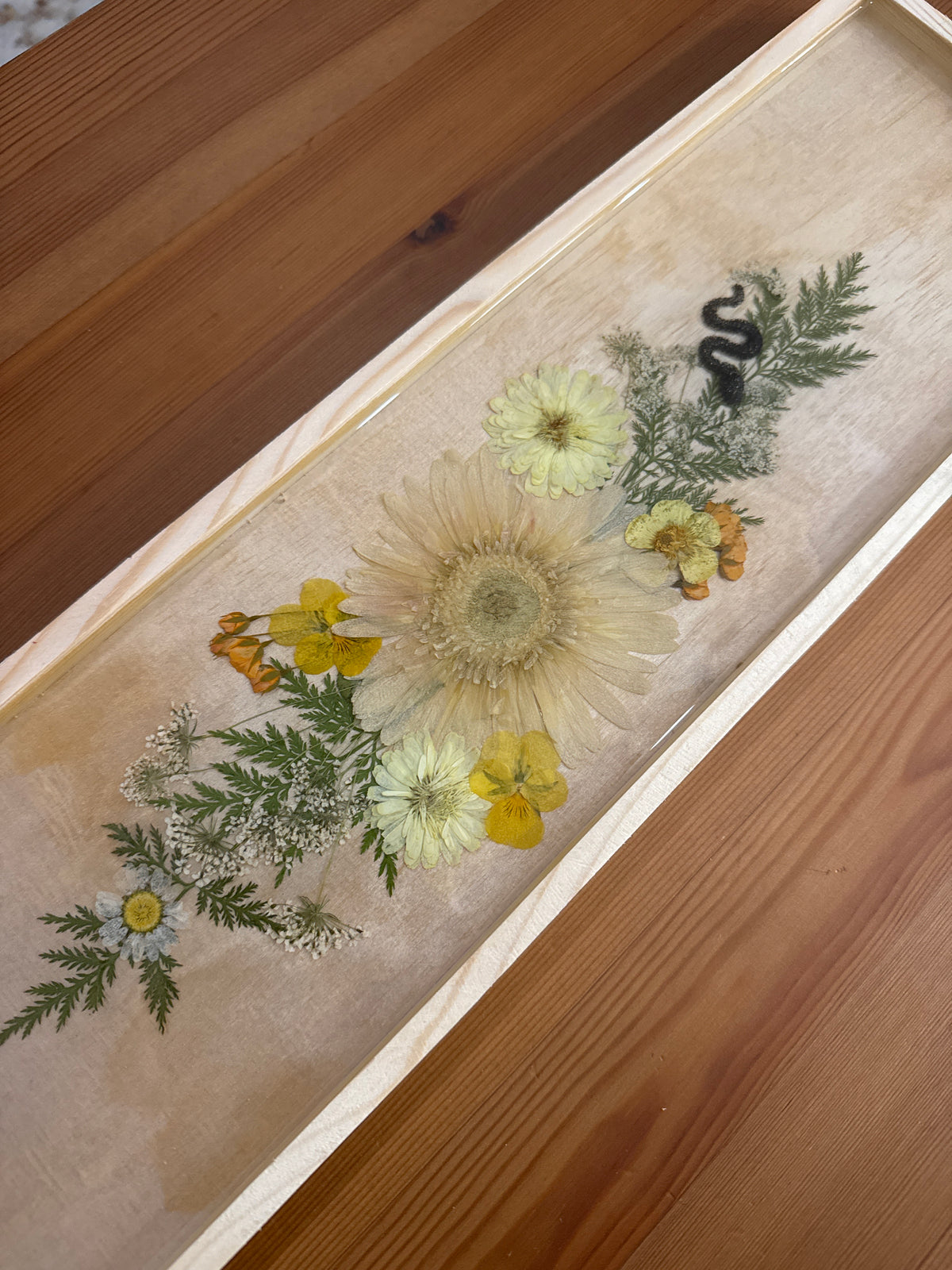 Rectangular Wood Resin Art Piece with Tiny Snake and Natural Pressed Flowers