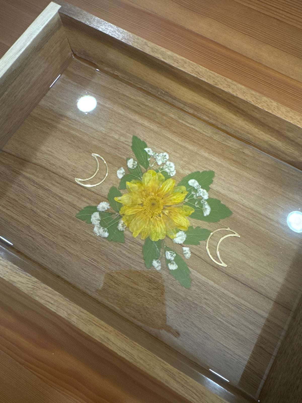 Triple Moon Wood Resin Art Piece with Yellow and Green Pressed Flowers
